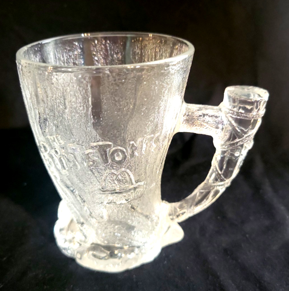 Vintage McDonalds Flintstones MAMMOTH MUG Clear Pebbled Glass w/Horn Handle